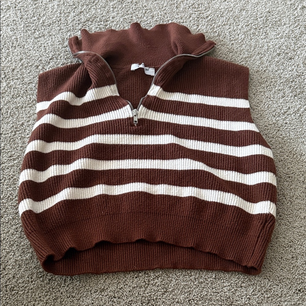 Double Zero Brown and White Striped Turtleneck Sweater Vest